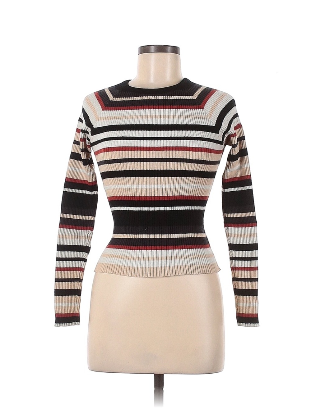 Striped Ribbed Long Sleeve Sweater - Black, Cream, Rust
